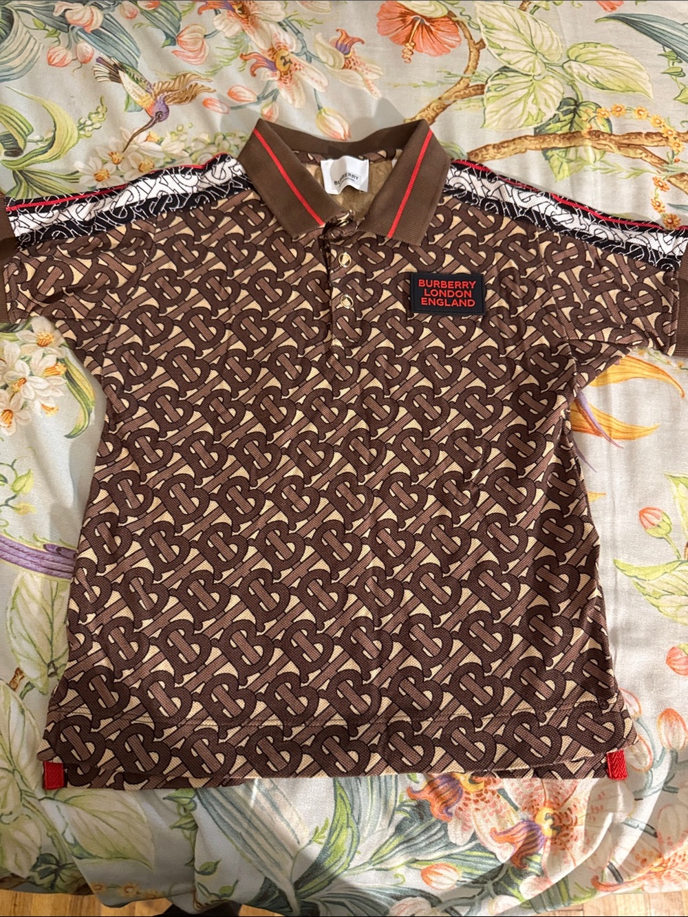 Burberry Brown Polo with Red Accent and Monogram Print